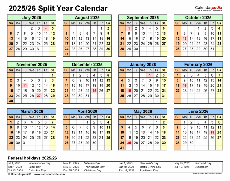 Split Year Calendars 2025 2026 July To June PDF Templates
