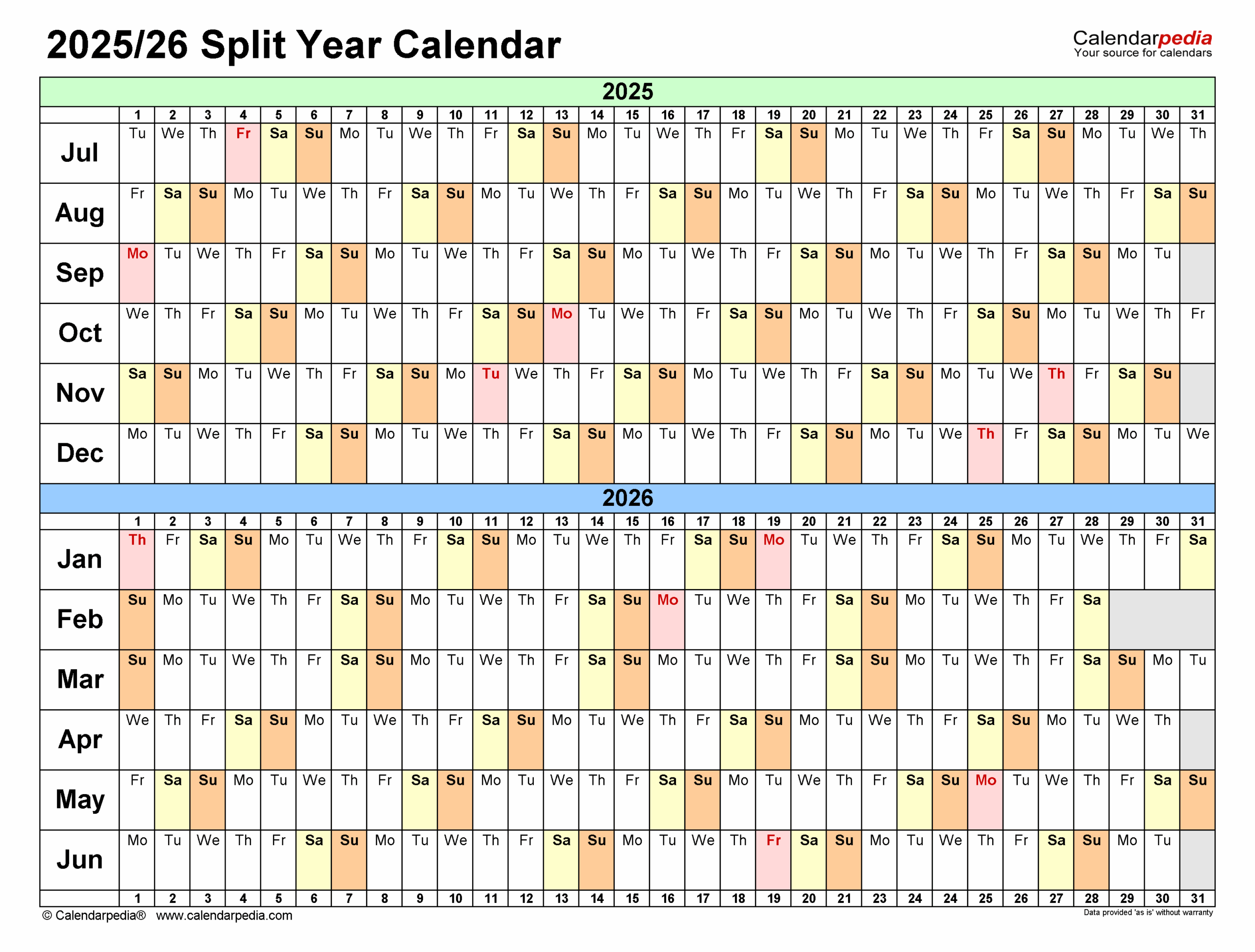 Monthly Calendar August 2025 Through June 2026