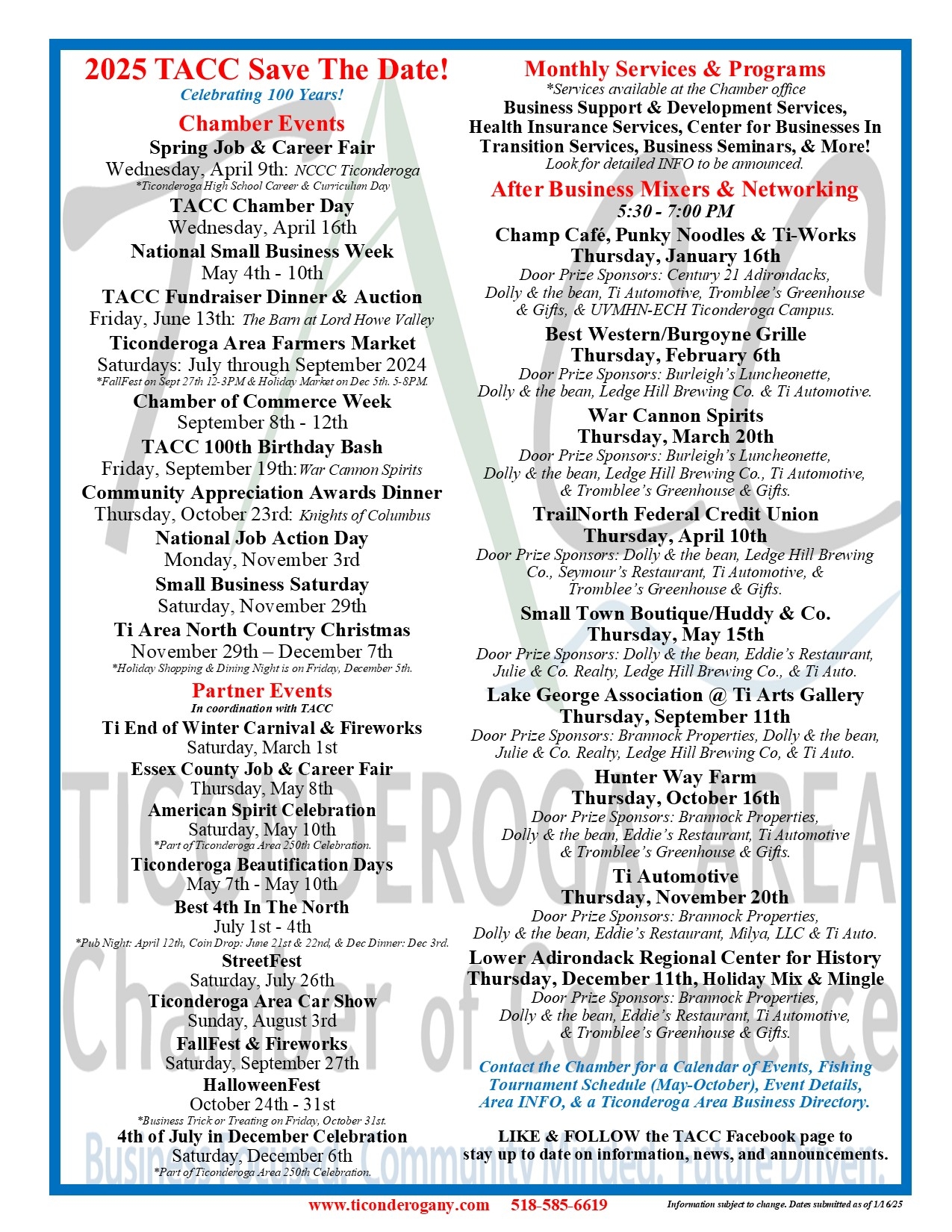 Ticonderoga Area Chamber Of Commerce 2025 TACC Save The Date A Look At The Year Ahead U0026 Celebrating 100 Years