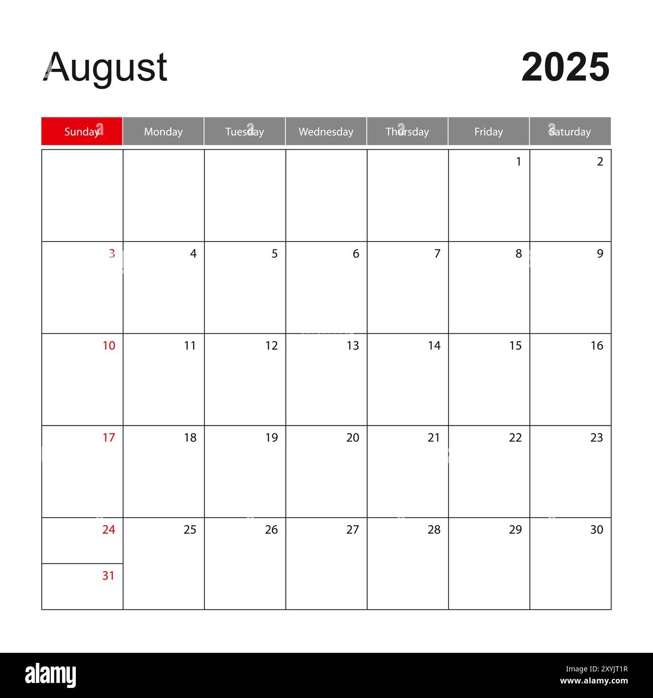 Wall Calendar Template For August 2025 Holiday And Event Planner Week Starts On Sunday Vector Template Stock Vector Image U0026 Art Alamy