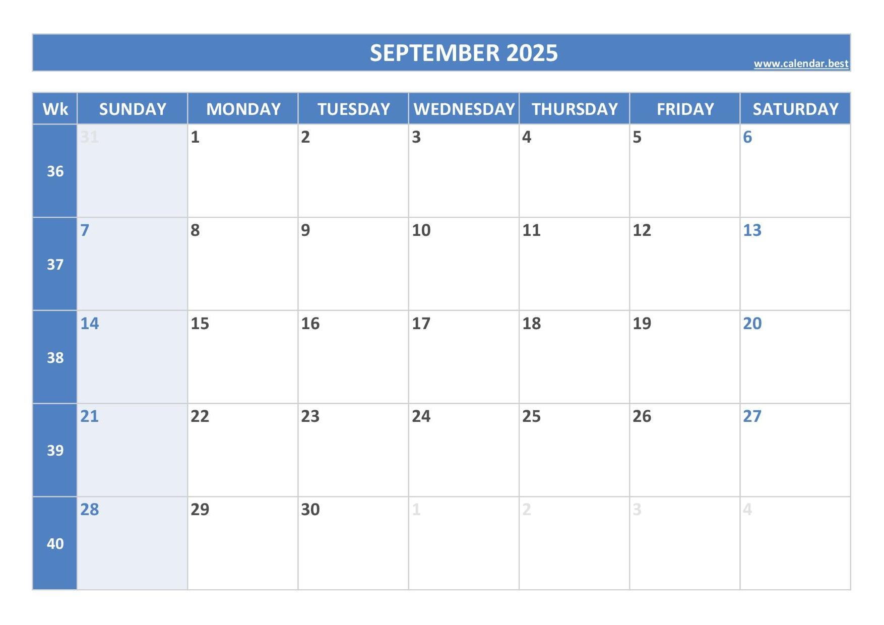 Calendar September 2025 Weekly
