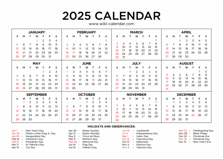 Year 2025 Calendar Printable With Holidays Wiki Calendar