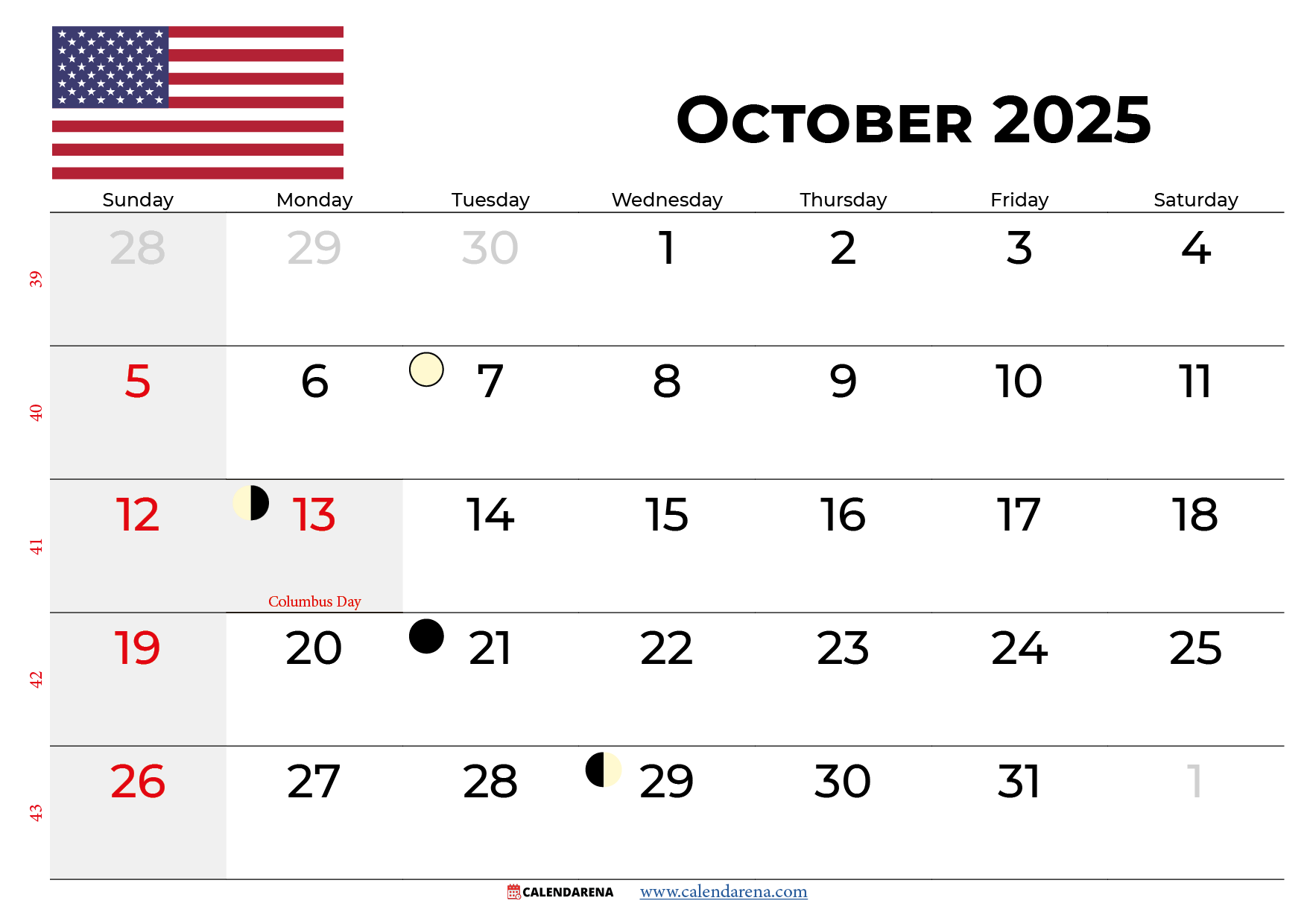 American Calendar October 2025