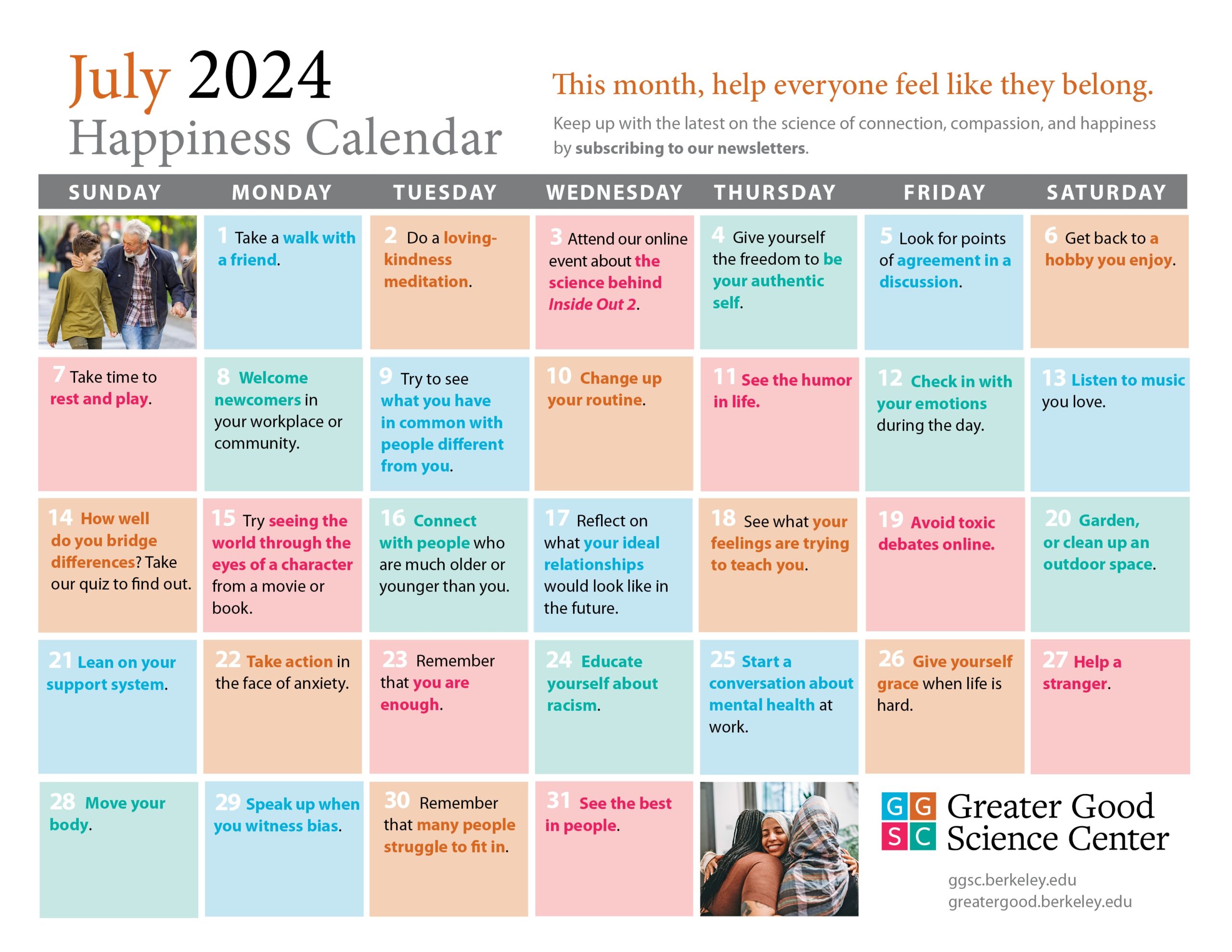 Action For Happiness Calendar July 2025