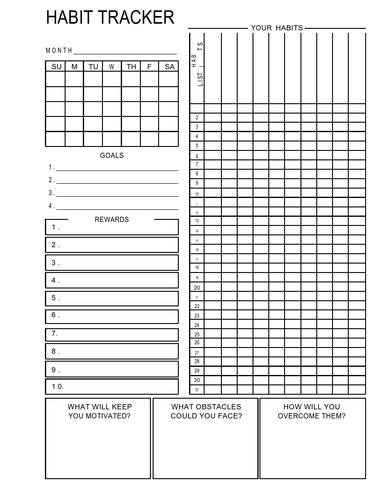 Fillable Printable Habit Tracking