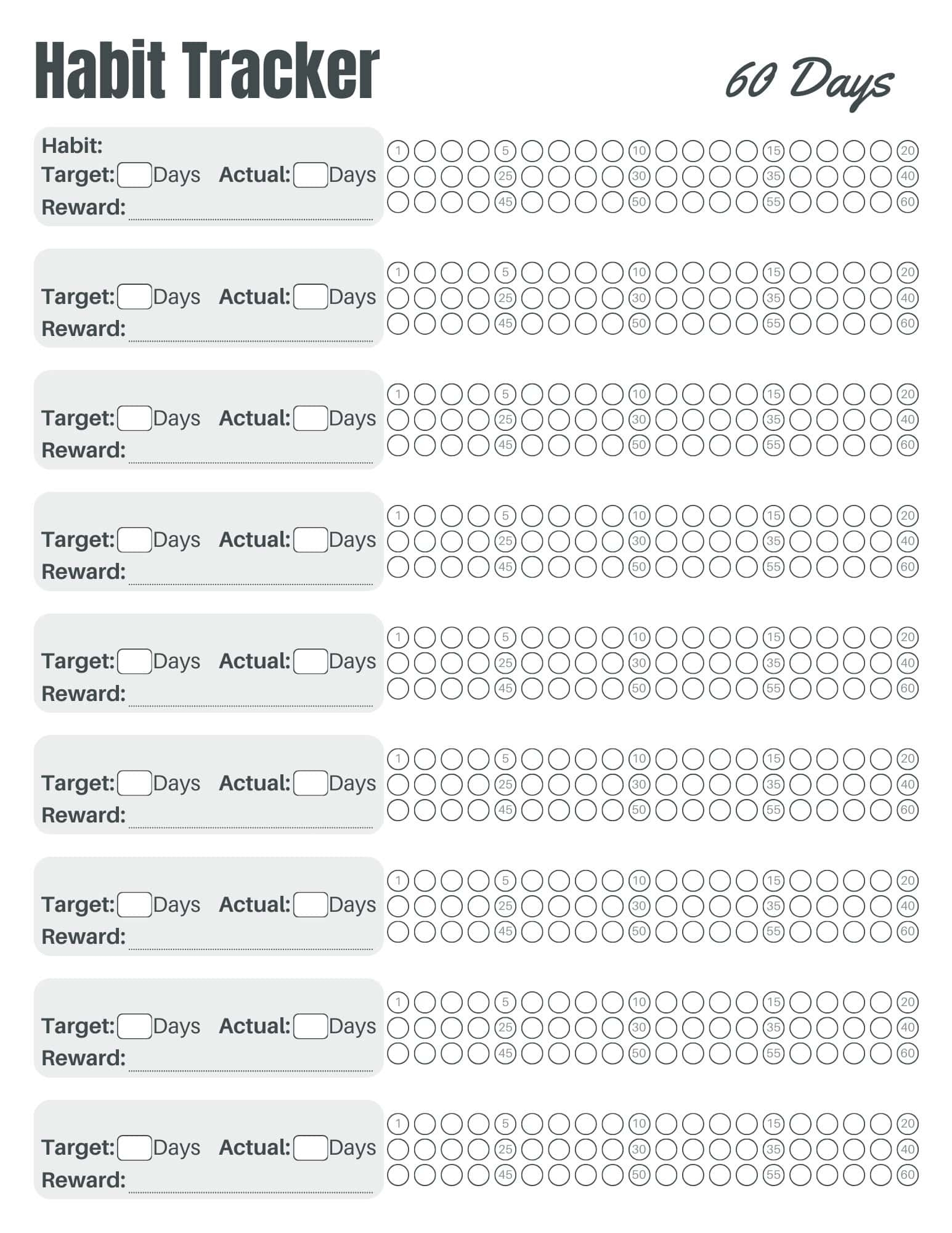 60 Day Habit Tracker Free Printable PDF
