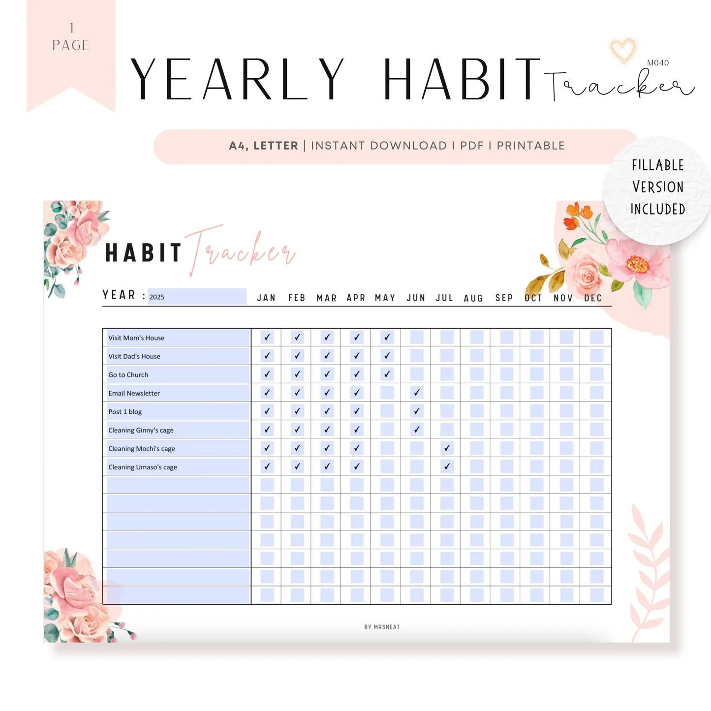 Floral Yearly Habit Tracker M040 Mrsneat