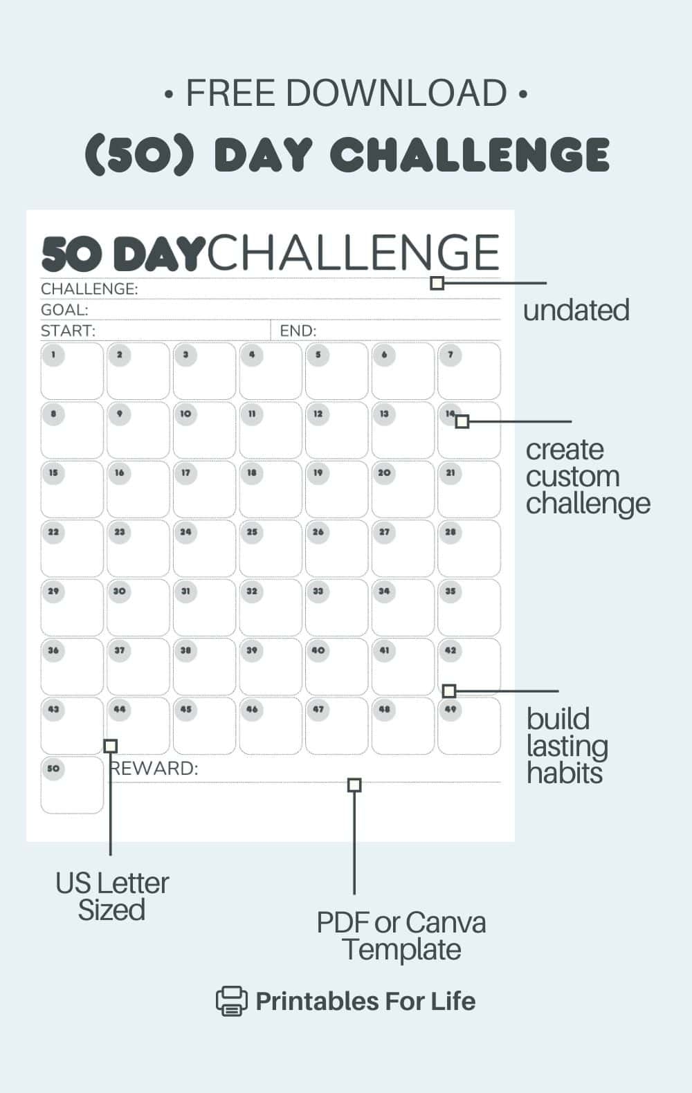 Free 50 Day Challenge Calendar Printable PDF