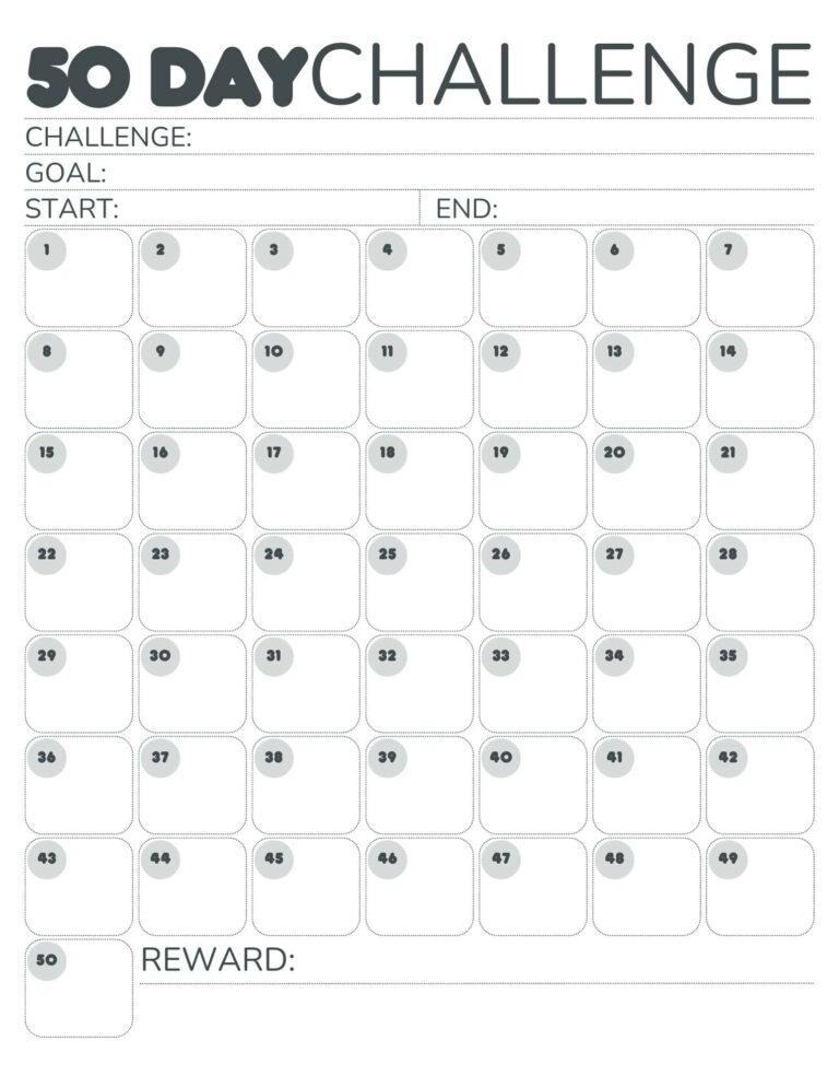 Free 50 Day Challenge Calendar Printable PDF