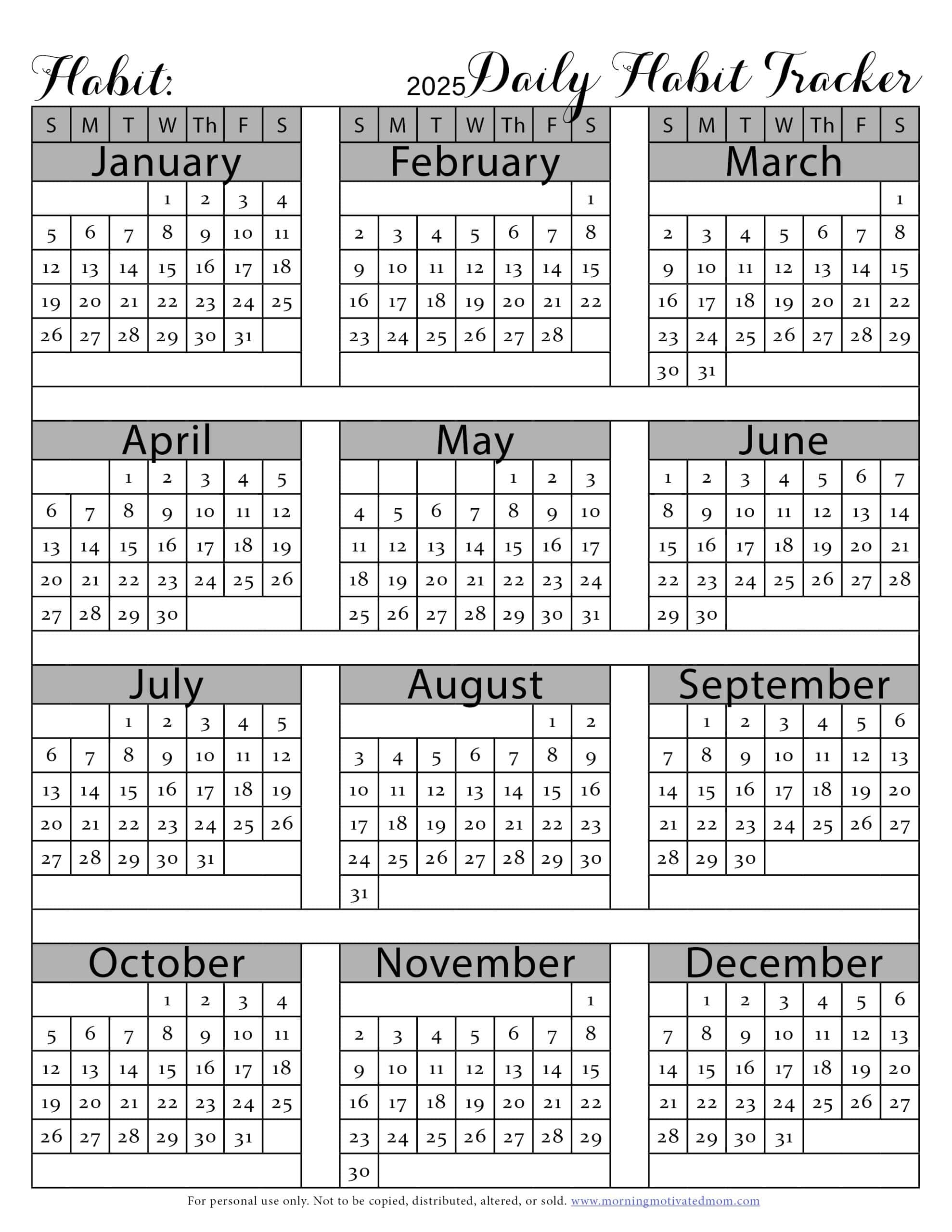 2026 Habit Tracker Printable Free