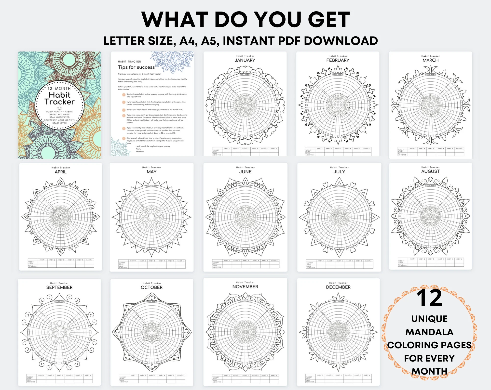 Mandala Habit Tracker Printable 12 month Coloring Pages PDF Etsy