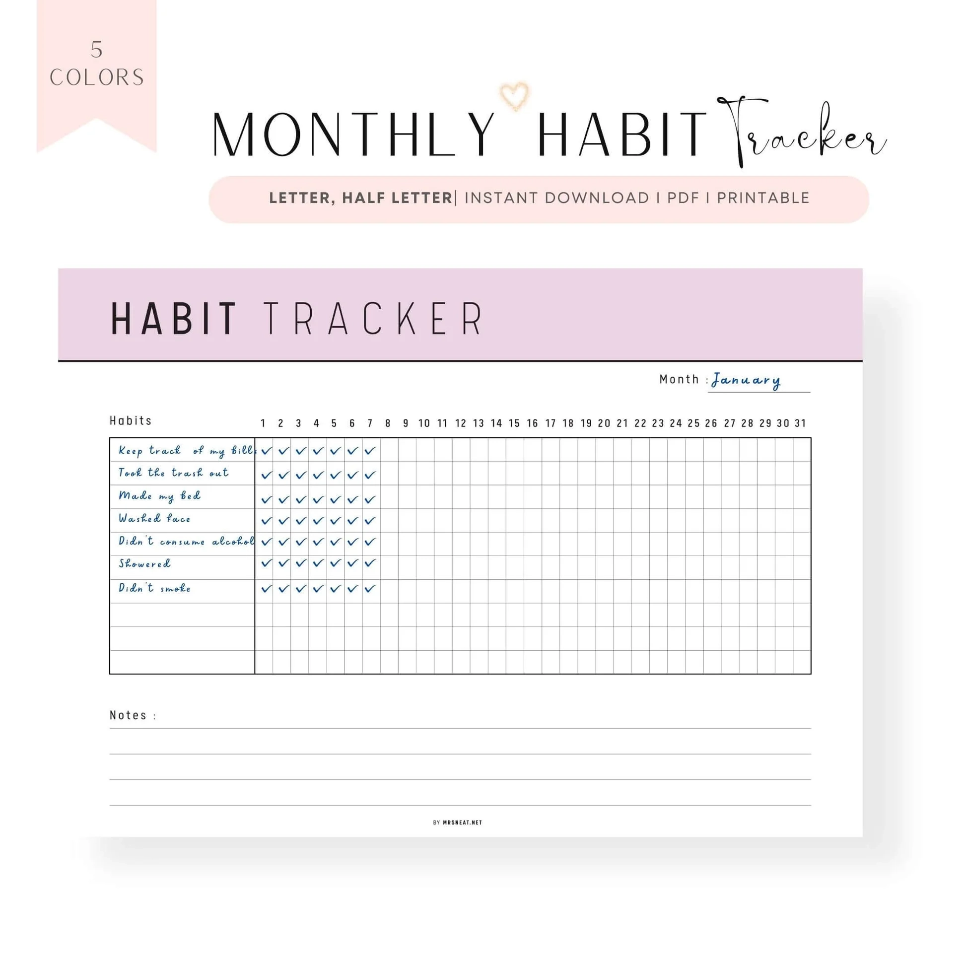 Monthly Habit Tracker Template Printable M270 Mrsneat